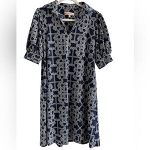 Jude Connally Lattice Ropes Navy and White Geometric Dress XS